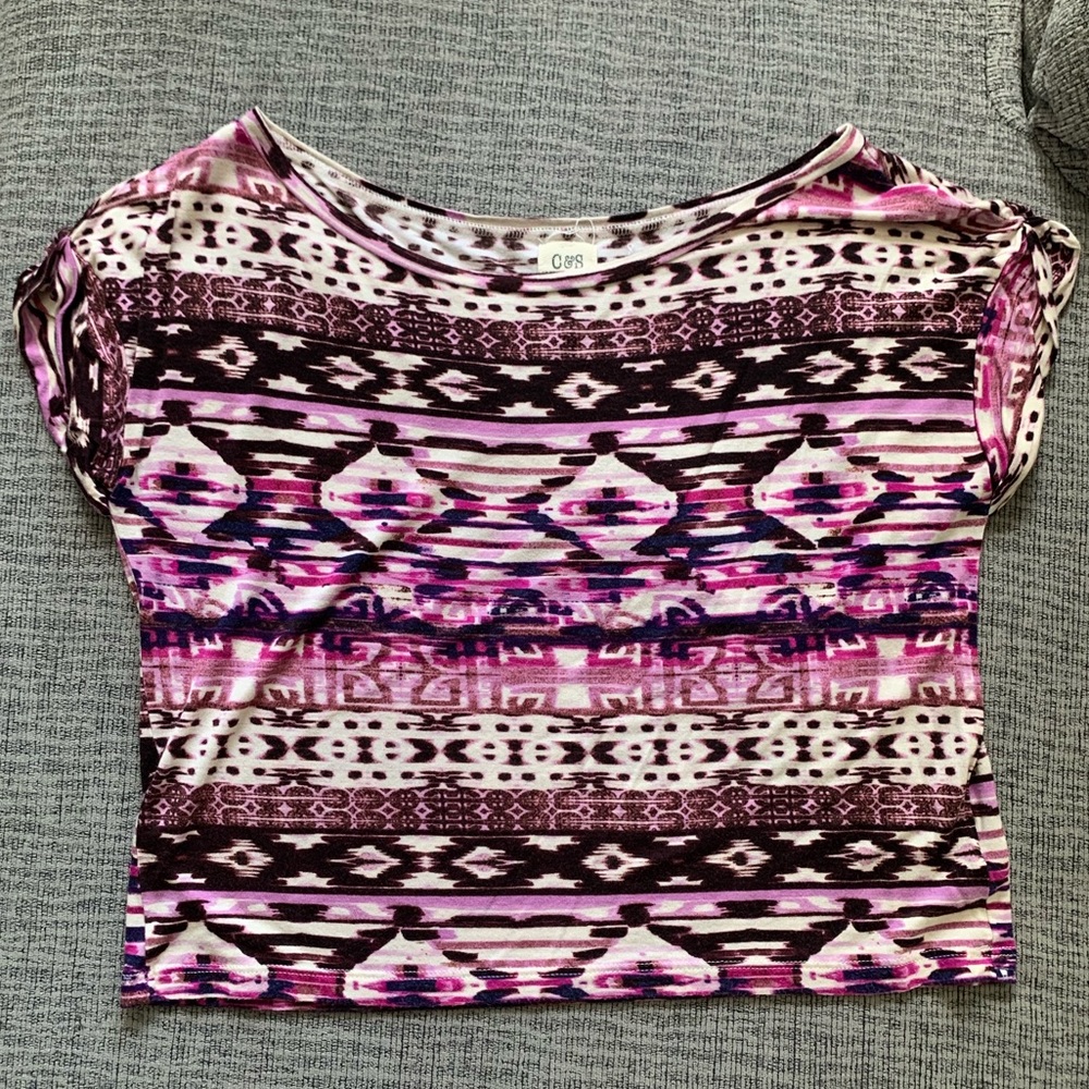 Purple and Neutral Toned Geometric Crop Top Shirt Size S